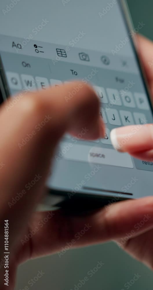 Typing, phone screen and hands of business person with online text, message and digital notes. Professional, communication and worker on smartphone for reminder, feedback and planning on mobile app