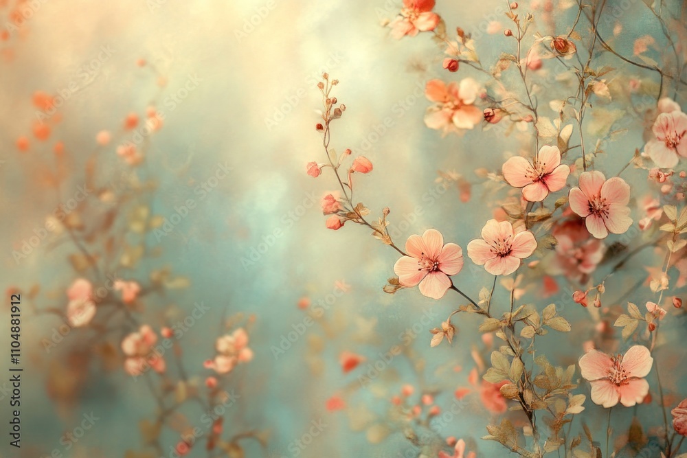 Soft, delicate pink blossoms on branches against a dreamy, blue-toned background. Soft, delicate pink blossoms on branches against a dreamy, blue-toned background.