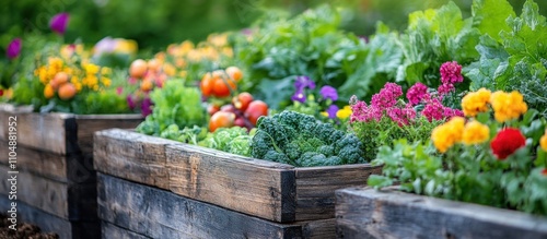 Vibrant flowers and vegetables in a raised garden bed, showcasing a variety of colors and textures.