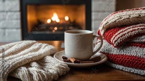 AI GENERATE, A cozy corner with a Christmas-themed throw blanket and a hot cup of cocoa.
