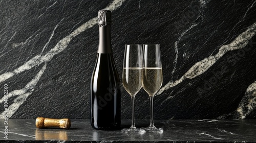 Elegant new year's celebration background with champagne bottle and two wine glasses on sleek black stone surface, perfect for festive occasions, celebrations, and holiday toasting photo