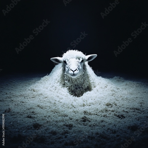 A white sheep emerges from a pile of wool against a dark background. photo