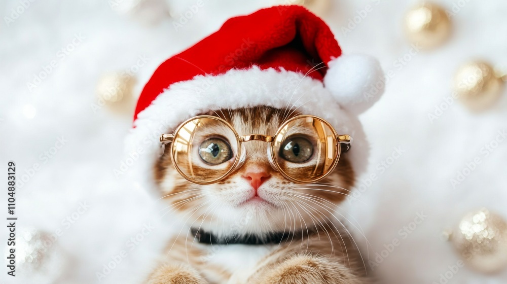 Festive portrait of a playful kitten wearing golden happy new year glasses on a bright white background, perfect for new year and christmas celebration themes featuring adorable pet photography Festive portrait of a playful kitten wearing golden happy new year glasses on a bright white background, perfect for new year and christmas celebration themes featuring adorable pet photography