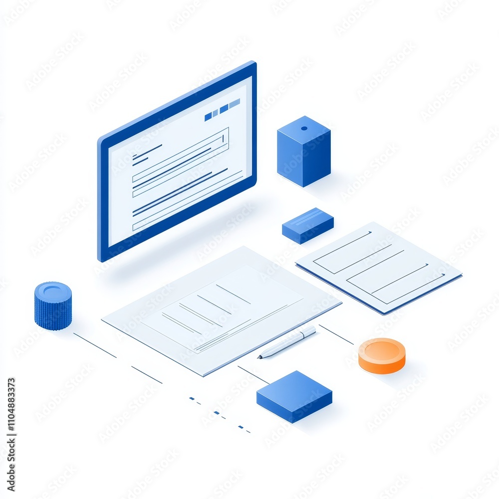 A minimalistic digital workspace featuring a computer screen, various geometric shapes, and documents, emphasizing organization and productivity. A minimalistic digital workspace featuring a computer screen, various geometric shapes, and documents, emphasizing organization and productivity.