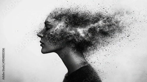 Abstract black and white image of a person's profile with head disintegrating into particles, symbolizing evanescence or mental health. photo