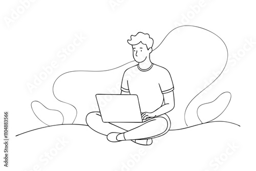 Line Drawing of Man Using Laptop - Vector Art Illustration