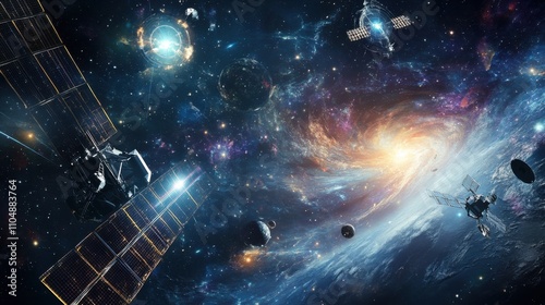 Fototapeta Naklejka Na Ścianę i Meble -  A space exploration control room, expansive galaxy backdrop with orbiting satellites, Cosmic Futurism style