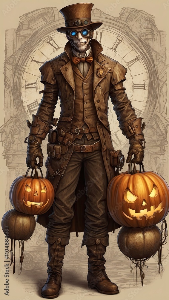 Steampunk man celebrates Halloween with a smiling pumpkin.