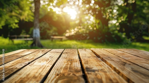 Wooden table top in outdoor natural setting for product presentation with ample white space.