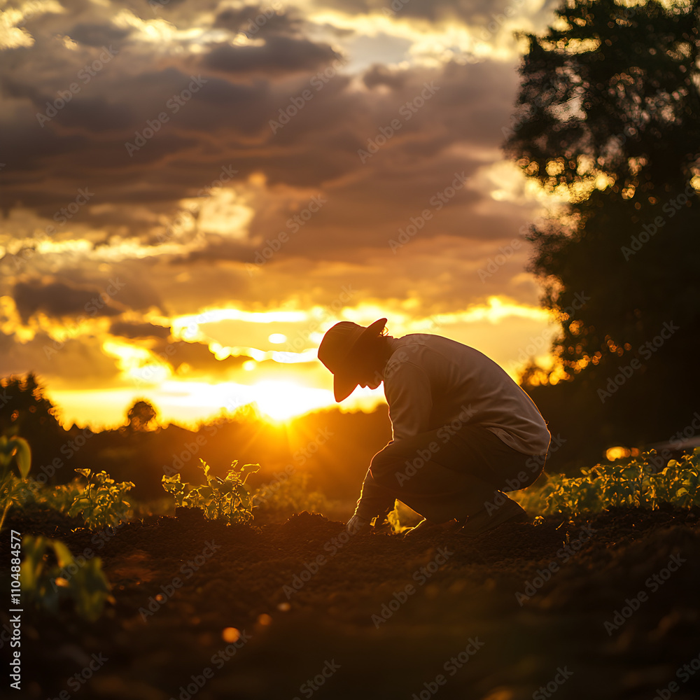 Gardener preparing soil at dawn open field wide angle shot serene environment early morning nature's awakening Gardener preparing soil at dawn open field wide angle shot serene environment early morning nature's awakening