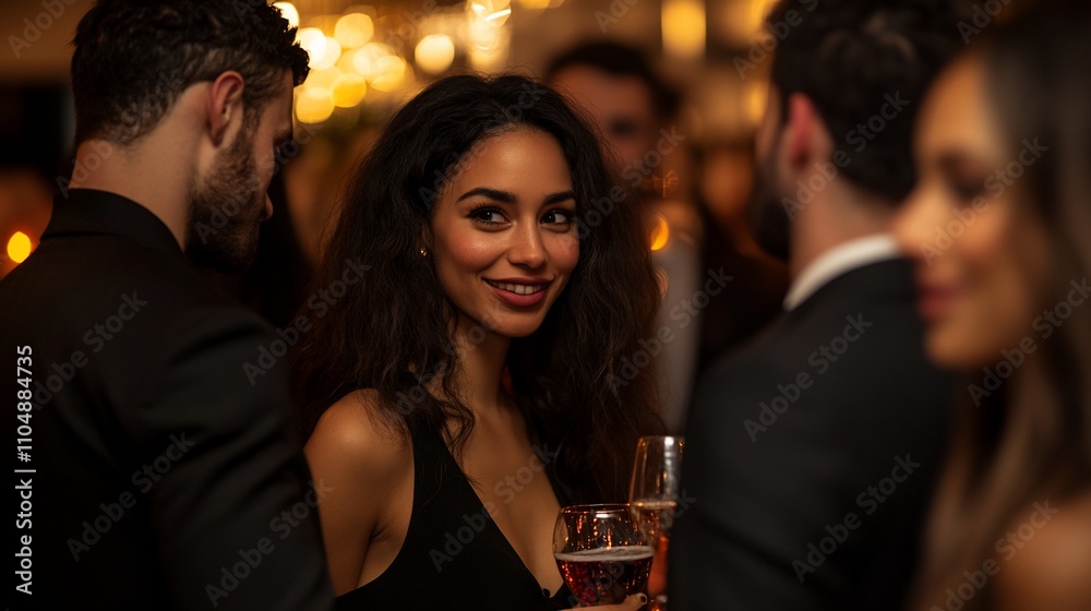 Woman smiling at party, surrounded by men and women in elegant attire, holding a champagne glass. Woman smiling at party, surrounded by men and women in elegant attire, holding a champagne glass.