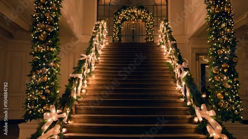 AI GENERATE A decorated chirtsmas staircase with garlands, fairy lights, and bows