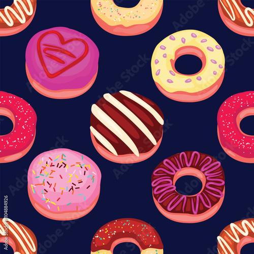 seamless pattern with cute donuts with various attractive colors, cream, sweet, tasty, sprinkles, chocolate, strawberry, vector art illustration design