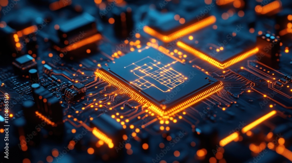 A close-up of a computer chip on a circuit board with glowing lines. A close-up of a computer chip on a circuit board with glowing lines.