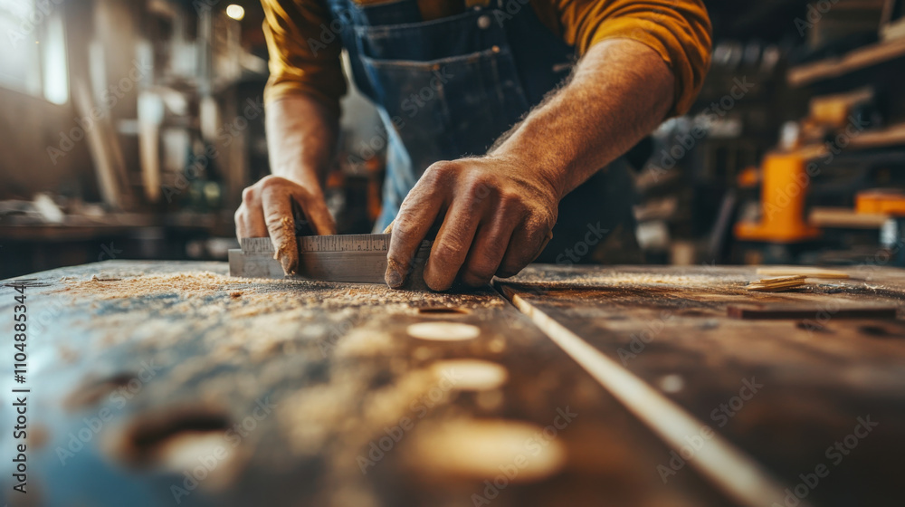 skilled artisan measuring wood with precision tools in workshop, showcasing craftsmanship and attention to detail. warm atmosphere enhances creative process