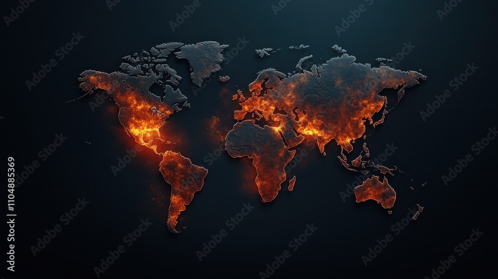 Global Map with Fiery Glow Illustrating Climate Change Effects and Environmental Concerns, Highlighting Regions Affected by Global Warming and Natural Disasters Global Map with Fiery Glow Illustrating Climate Change Effects and Environmental Concerns, Highlighting Regions Affected by Global Warming and Natural Disasters