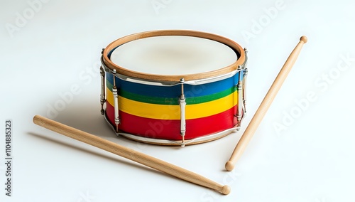 Colorful Drum with Wooden Sticks on White Background A vibrant, playful image featuring a colorful snare drum and two wooden sticks, set against a clean white background.