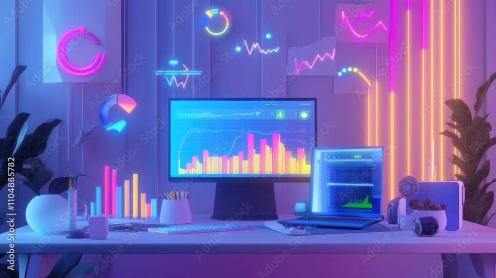 Futuristic Workspace with Data Visualization and Neon Lighting Effects Futuristic Workspace with Data Visualization and Neon Lighting Effects