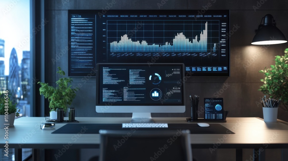 Modern Office Workspace with Monitors and Financial Data Graphs Modern Office Workspace with Monitors and Financial Data Graphs