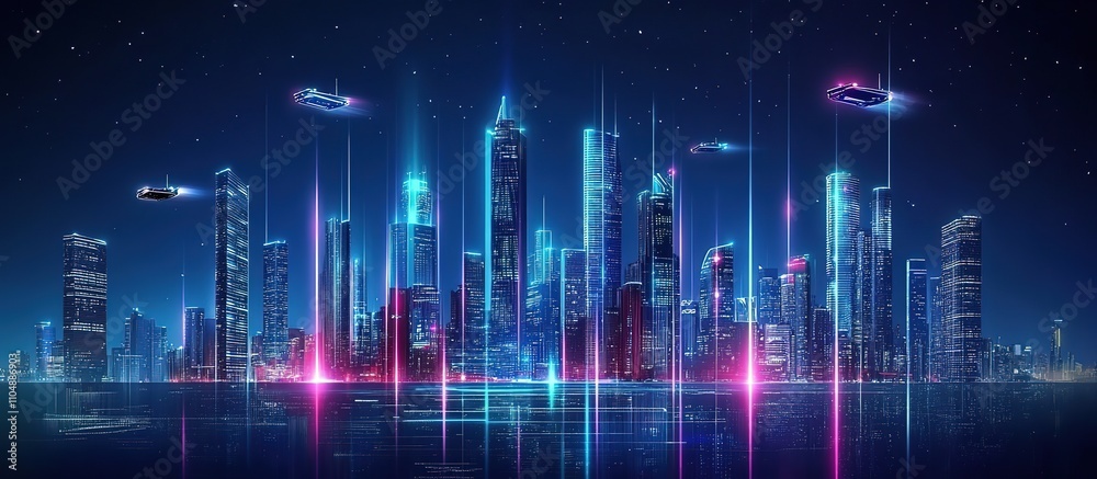 Futuristic cityscape at night with flying vehicles. Futuristic cityscape at night with flying vehicles.