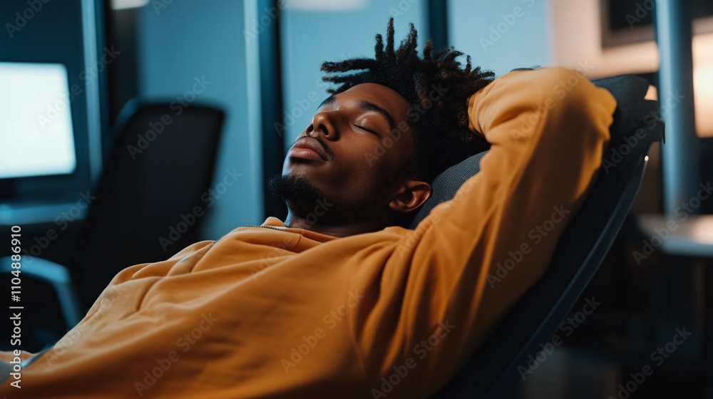 A relaxed young man rests in a chair, eyes closed, exuding calmness in a softly lit environment, suggesting a moment of peace amidst work. A relaxed young man rests in a chair, eyes closed, exuding calmness in a softly lit environment, suggesting a moment of peace amidst work.