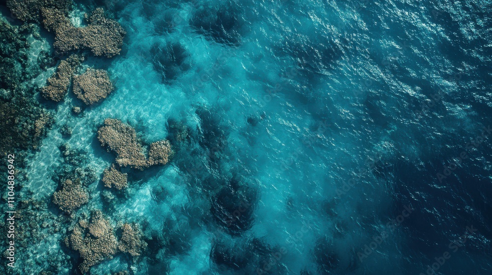 Fototapeta premium Aerial View of Crystal Clear Ocean Water with Rocky Shoreline and Vibrant Coral Reef Beneath, Ideal for Nature and Travel Themes in Stock Photography