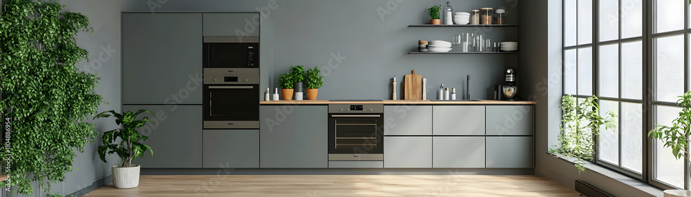 Modern Gray Kitchen Design with Built-in Appliances and Greenery Accents Modern Gray Kitchen Design with Built-in Appliances and Greenery Accents