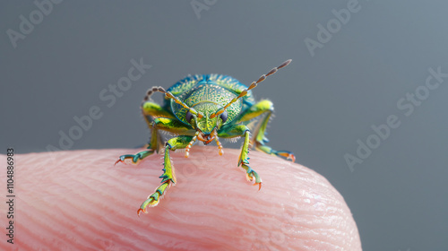 Microscopic view sapphire beetle resting fingertip brilliant green metallic vivid antennas black studio background highlighting insect anatomy elegance Close-up macro exotic rare photography Tiny photo