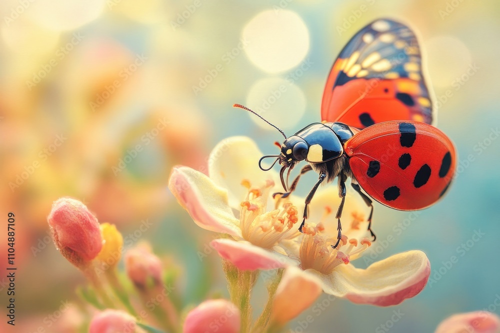 Fototapeta premium A ladybug with butterfly wings sits on a white flower with pink buds and a blurred background.