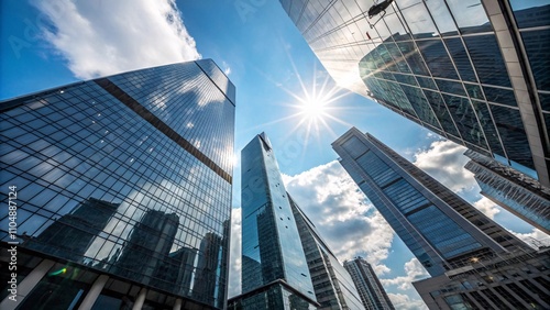 Modern City Skyline with Glass Skyscrapers and  blue sky with puffy clouds V17