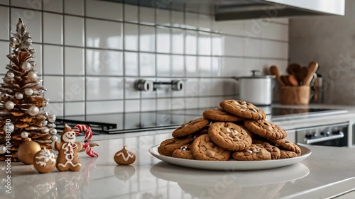 AI GENERATE, Christmas decor on a modern white kitchen countertop, with cookies baking in the oven.