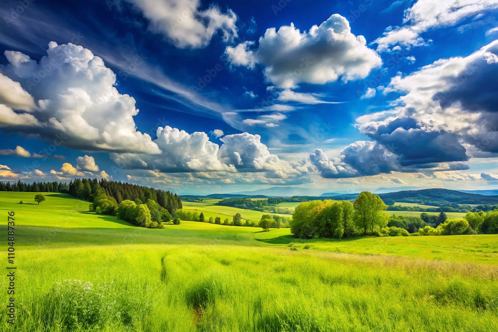 Vibrant green field under a dramatic, sunny sky with fluffy clouds. Vibrant green field under a dramatic, sunny sky with fluffy clouds.