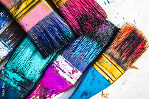 Paint Brushes with colorful paint on their bristles arranged on white background. Brush has vibrant textured paint in various colors showing brushstrokes and detailed texture convey creativity and art photo