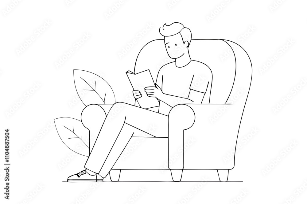 Line Drawing of Man in Comfortable Armchair Reading a Book - Vector Line Art Illustration Line Drawing of Man in Comfortable Armchair Reading a Book - Vector Line Art Illustration