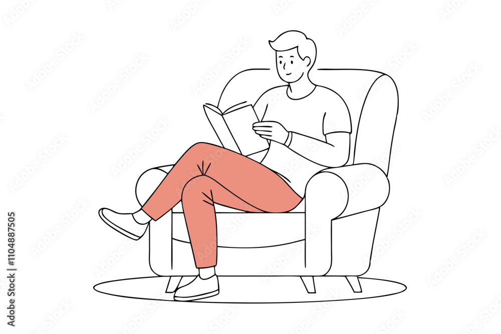 Line Drawing of Man in Comfortable Armchair Reading a Book - Vector Line Art Illustration