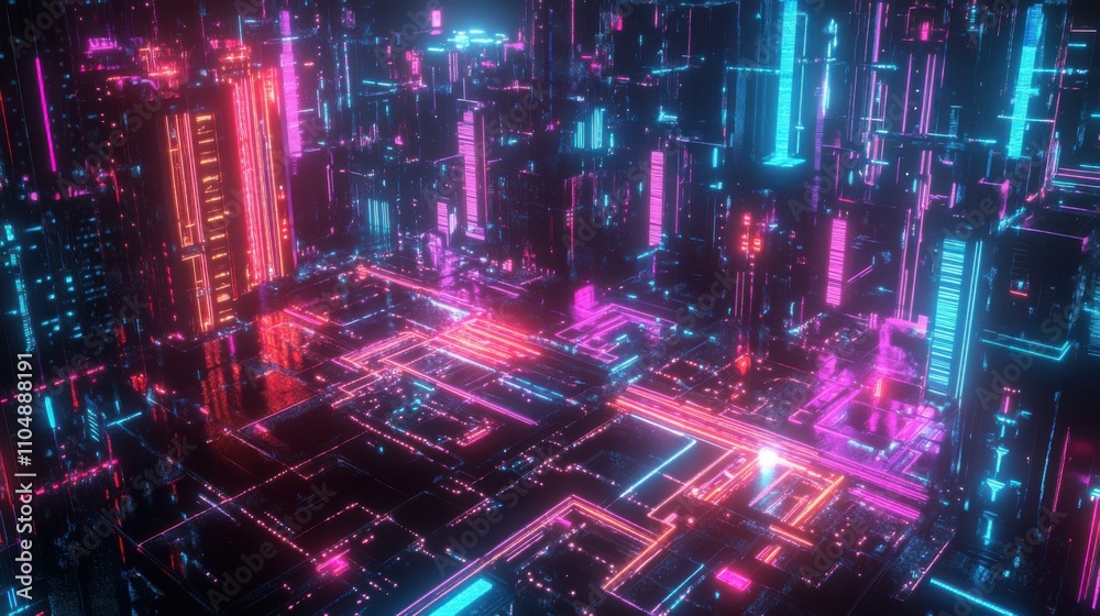 Futuristic Neon Cityscape with Glowing Buildings and Grid Patterns Futuristic Neon Cityscape with Glowing Buildings and Grid Patterns