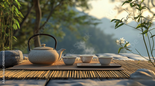 Ceramic teapot and cups on bamboo mat in serene outdoor setting