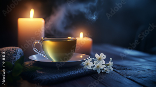 Steaming jasmine tea with candles in a cozy nighttime setting