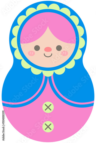 Hand Drawn Cute Matryoshka Pink Hair Russian Dolls Blue headscarf 