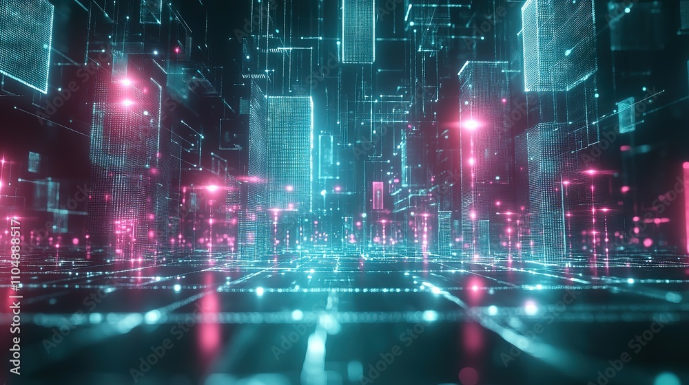 Futuristic cityscape with glowing lines and digital structures. Futuristic cityscape with glowing lines and digital structures.