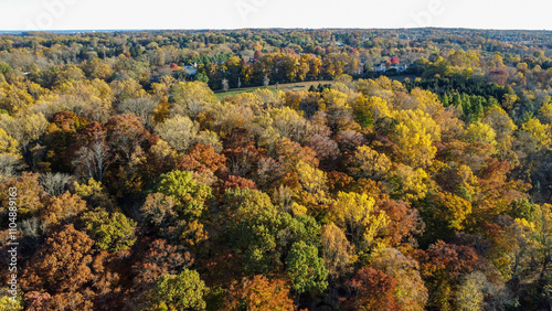 Photography Aerial view of Newlin Grist Mill Park in fall in Glen Mills, Pennsylvania in the