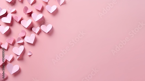 Paper pink hearts fly on soft pink color background, border, copy space. Valentine day concept for design