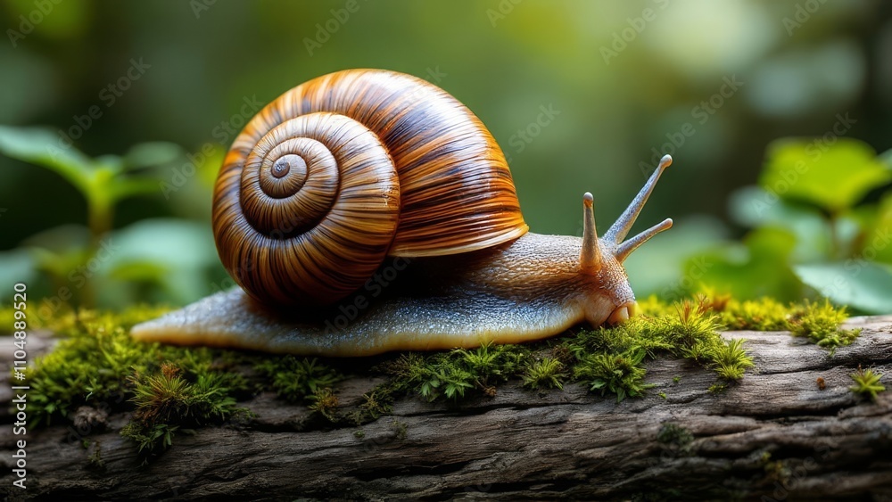 A snail, close-up, on a mossy log, a natural portrait. A snail, close-up, on a mossy log, a natural portrait.