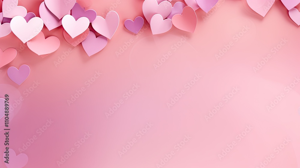 Paper pink hearts fly on soft pink color background, border, copy space. Valentine day concept for design Paper pink hearts fly on soft pink color background, border, copy space. Valentine day concept for design