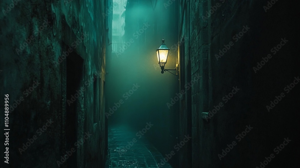 Alley with single streetlamp fog adding depth cinematic shot Alley with single streetlamp fog adding depth cinematic shot