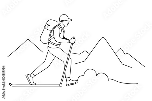 Line Drawing of Man Hiking Up Mountain with Trekking Pole and Backpack