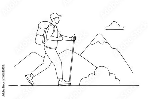 Line Drawing of Man Hiking Up Mountain with Trekking Pole and Backpack
