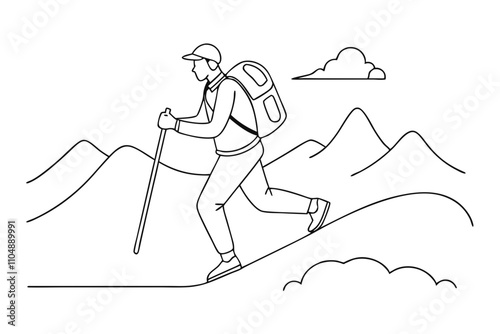Line Drawing of Man Hiking Up Mountain with Trekking Pole and Backpack