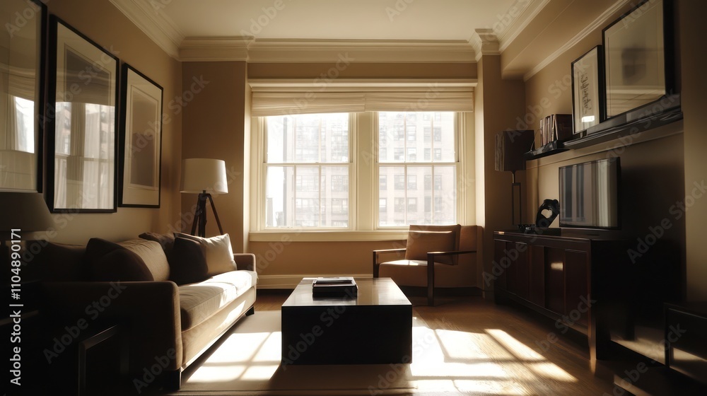 Fototapeta premium Sunlit Living Room Interior Design: Modern Elegance