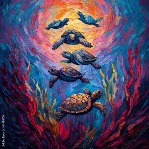 Colorful underwater painting of sea turtles swimming towards sunlight. photo